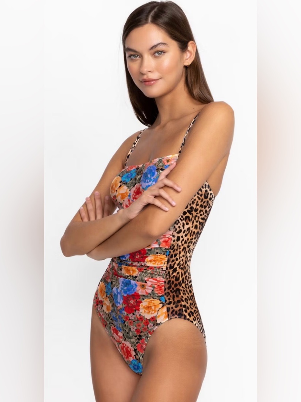 NWOT Johnny Was Cheetah Ruched Floral Animal Print Multi-pattern One Piece Sz XS - Picture 2 of 12